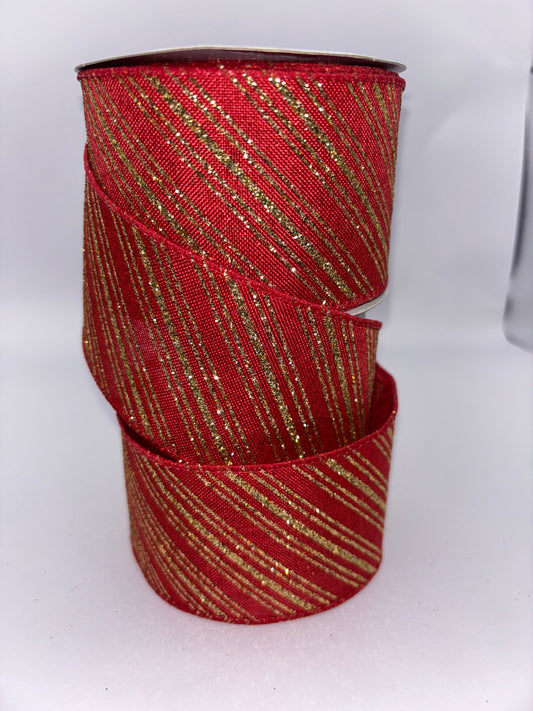 63mm Red with Gold Glitter Stripe Christmas Wired Ribbon per mtr