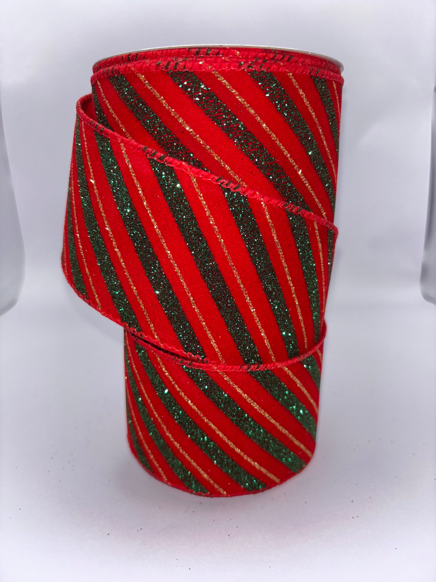 63mm Red Velvet with Glitter Green and Gold Stripe Wired Christmas Ribbon
