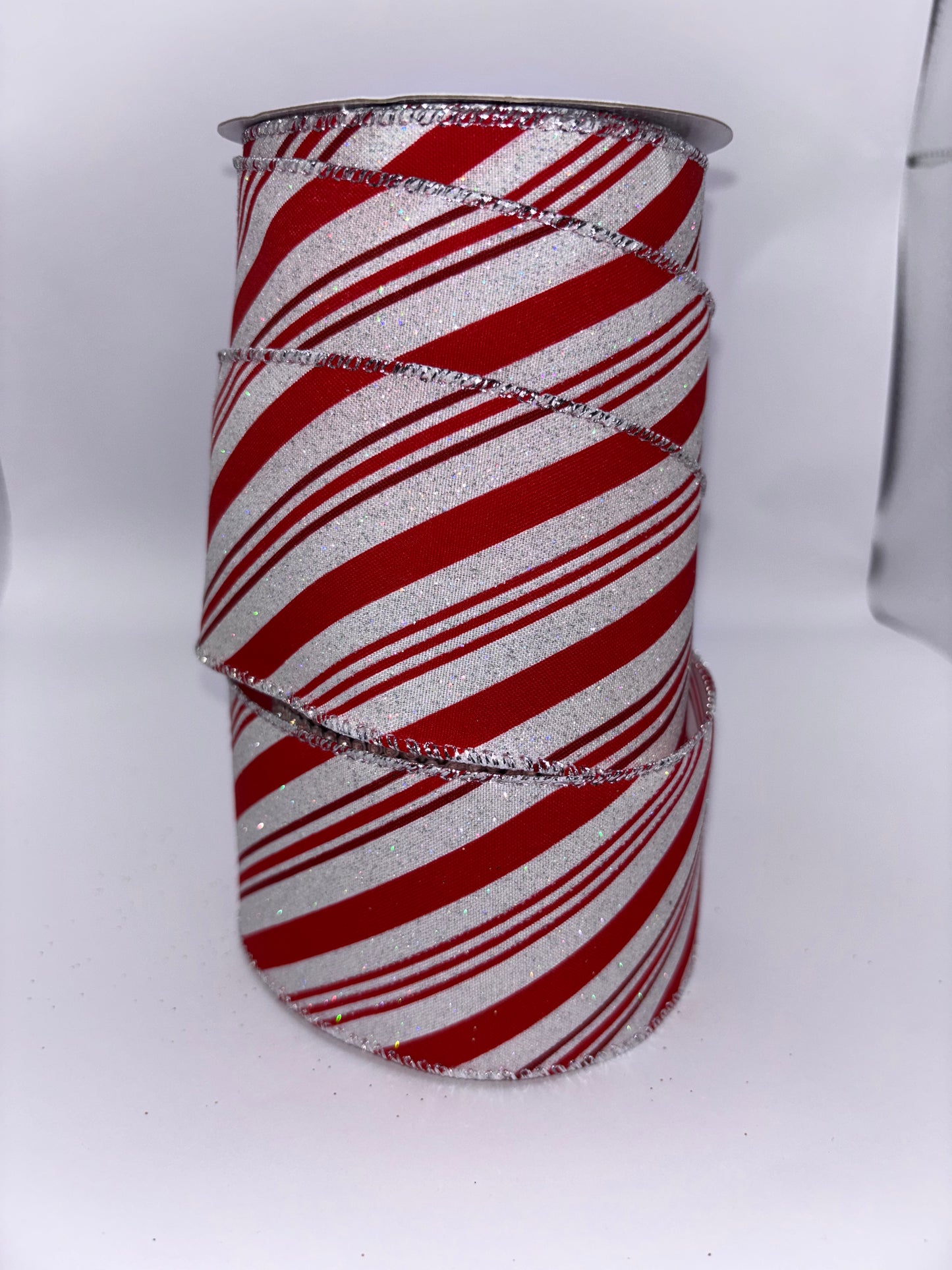 63mm Candy Cane With Silver Glitter Edge Christmas Wired Ribbon per mtr