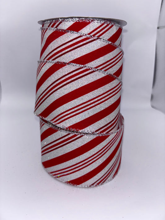 63mm Candy Cane Silver Glitter Edge Wired Christmas Wired Ribbon