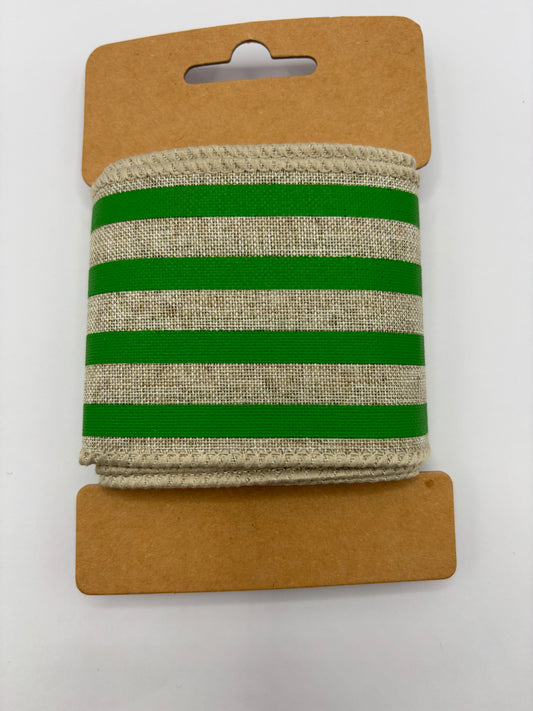 Carded Natural & Green Stripe Wired Ribbon