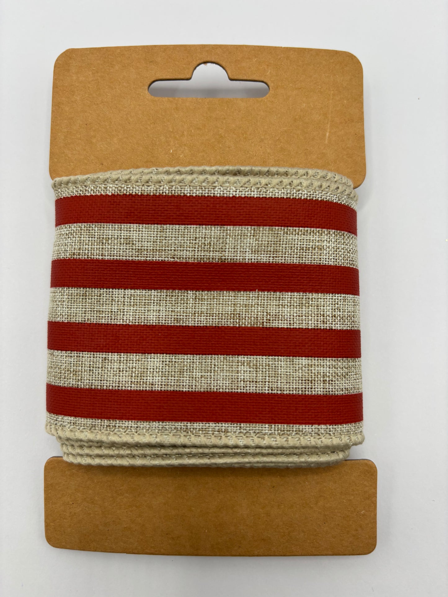 Carded Natural & Red Stripe Wired Ribbon