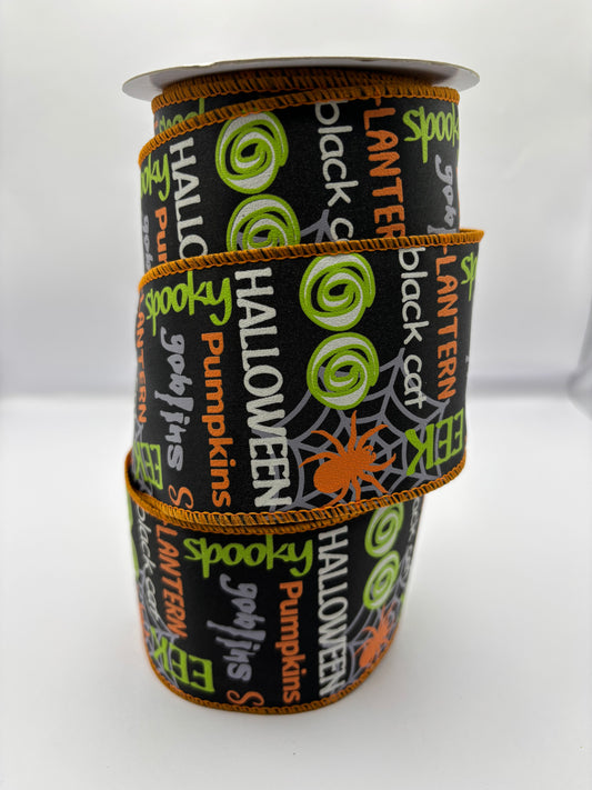 Wired Black With Halloween Words Ribbon 2.5" x 10 Yards