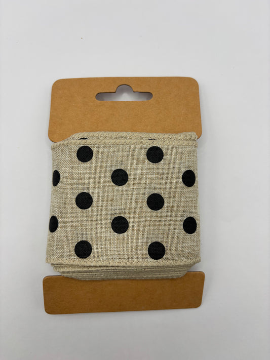 Carded Natural & Black Spot Striped Wired Ribbon