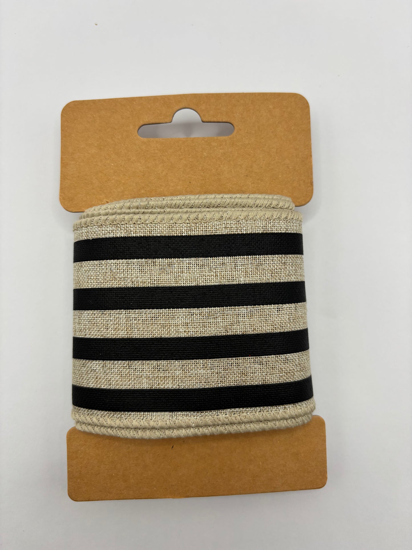 Carded Natural & Black Striped Wired Ribbon