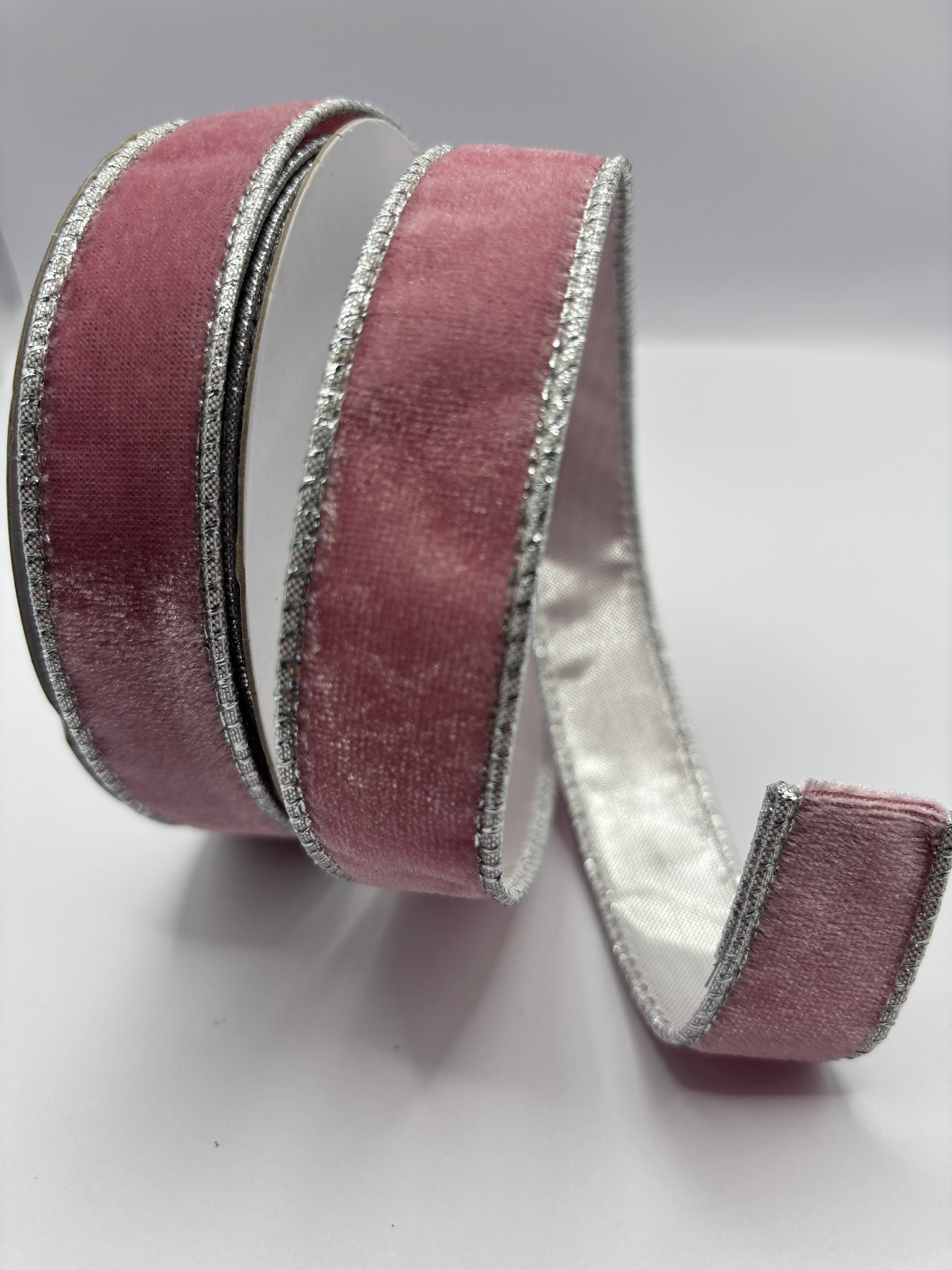1” (25mm) Pink Velvet and Silver Backed Christmas Ribbon PER METRE