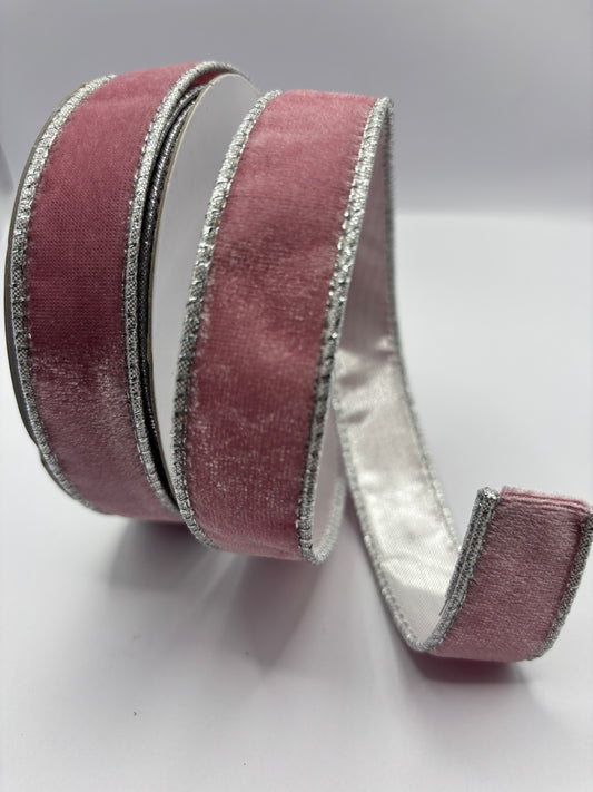 1” (25mm) Pink Velvet - Silver Backed Wired Christmas Ribbon