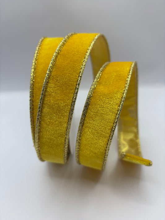 1” (25mm) Yellow/Gold  Velvet - Gold Backed Wired Christmas Ribbon