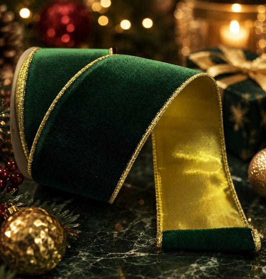63mm Bottle Green Velvet With Gold Satin Back Christmas Ribbon Per Metre