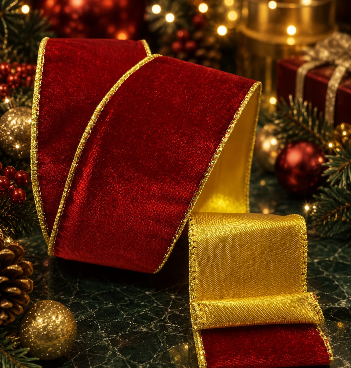 63mm Red Velvet With Gold Satin Back Christmas Ribbon Per Metre