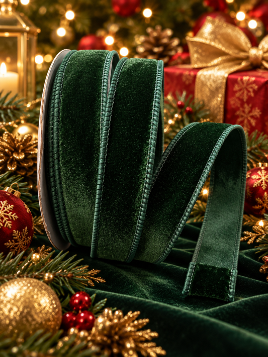 1” (25mm) Bottle Green Velvet With Green Satin Backed Wired Ribbon