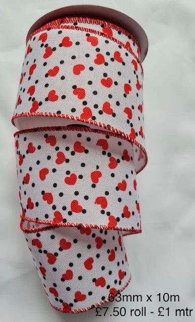 Wired Red Heart & Black Spot Ribbon 2.5" x 10 yards