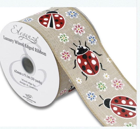 Wired Floral Ladybird Natural Ribbon 63mm - £1 per metre