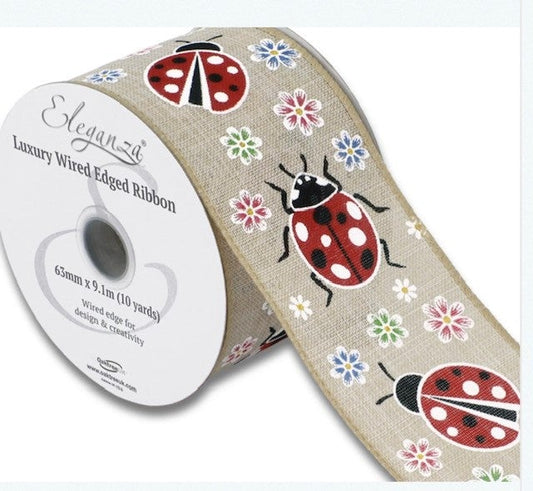 Wired Floral Ladybird Natural Ribbon 63mm x 9.1m