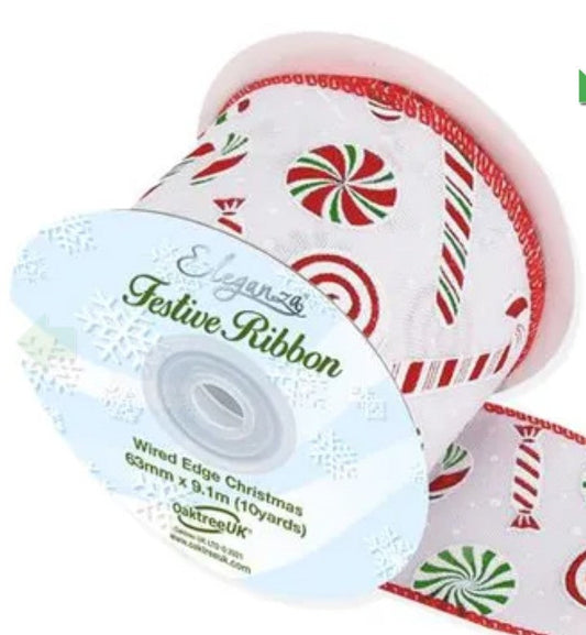 Woven wired candy cane christmas ribbon