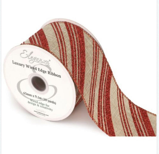 Wired Candy Stripe Glitter Hessian Christmas Ribbon