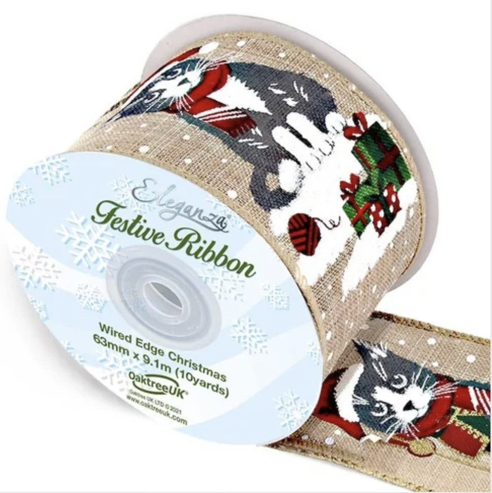 Christmas Wired Cat Ribbon 2.5" - £1 per metre