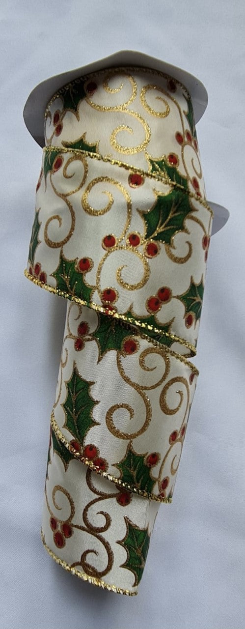 Christmas Wired Holly Ribbon 2.5" x 10m