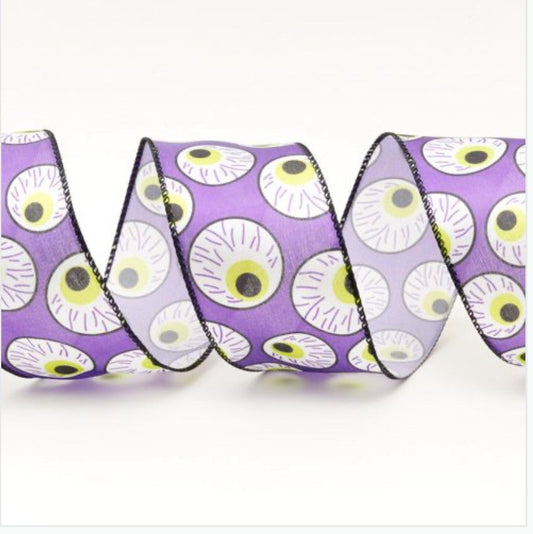 Wired Halloween Eyeball Purple Ribbon 2.5" - £1.00 per metre
