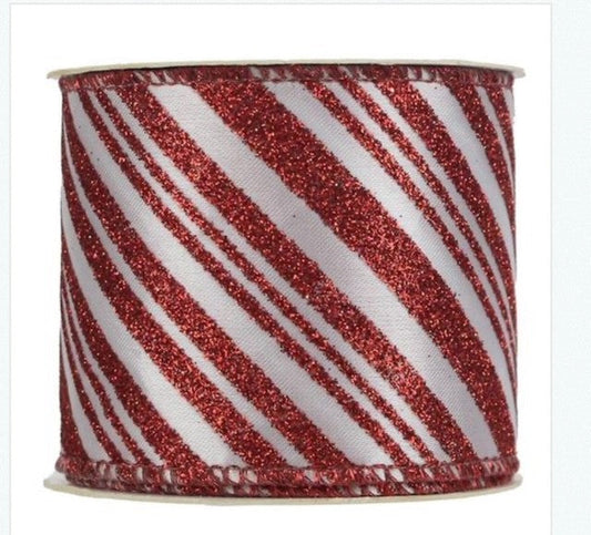 Wired Glitter Candy Stripe Red/White Christmas Ribbon