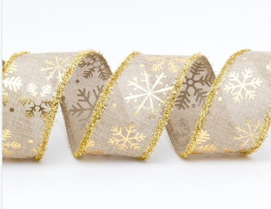 Snowflake Gold Tinsel Wired Christmas Ribbon