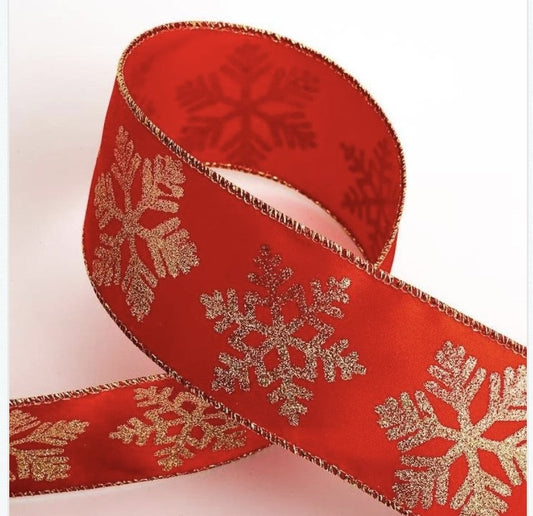Christmas Glitter Gold Snowflakes Satin Wired Edge Red Ribbon   63mm x 10m