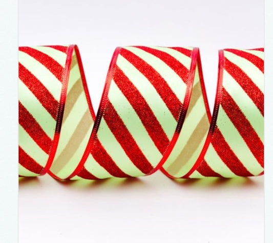 Wired Glitter Red/Green Candy Stripe Christmas Ribbon