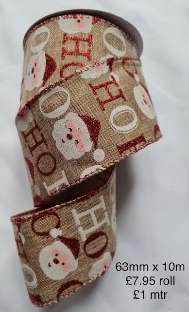 Christmas Wired Santa Ho Ho Ho Ribbon 2.5" - £1 per metre