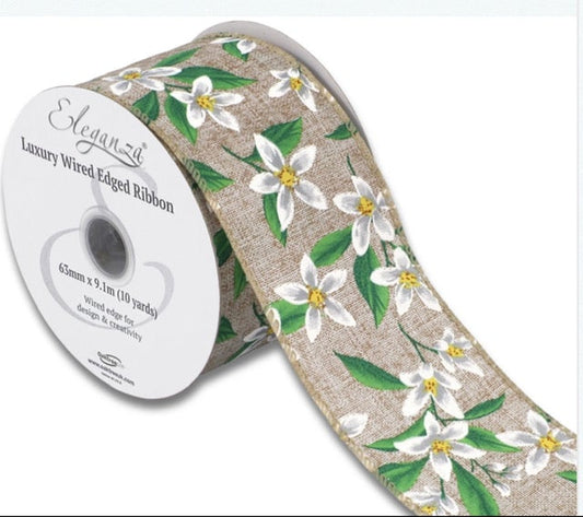 Wired Floral Natural Ribbon 63mm - £1 per metre