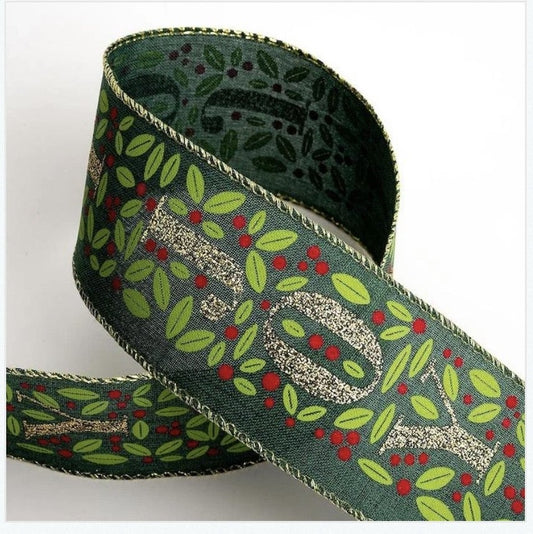 Glitter Christmas Joy Linen Wired Edge Ribbon 63mm - £1 per metre