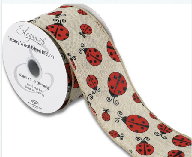 Wired Ladybird Natural Ribbon 63mm £1.00 per metre