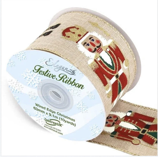 Wired Christmas Full Nutcracker Ribbon 2.5" - £1 per metre