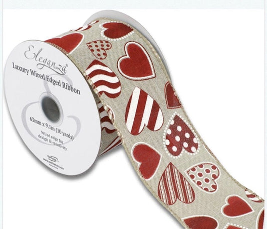 Wired Patterned Hearts Natural Ribbon 63mm - £1 per metre