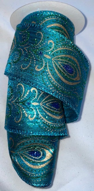 Christmas Wired Sparkly Peacock Ribbon 2.5" - £1 per metre