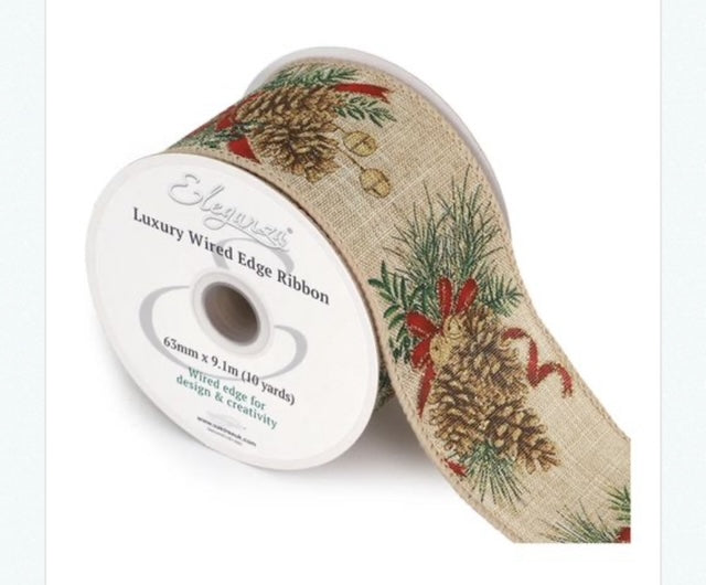 Wired Pine Cone Christmas Ribbon