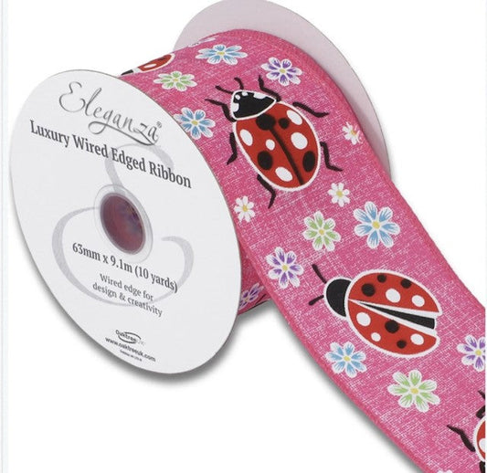 Wired Floral Ladybird Fuchsia Ribbon 63mm x 9.1m