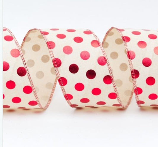 Wired Polka Dot Natural/Red Christmas Ribbon