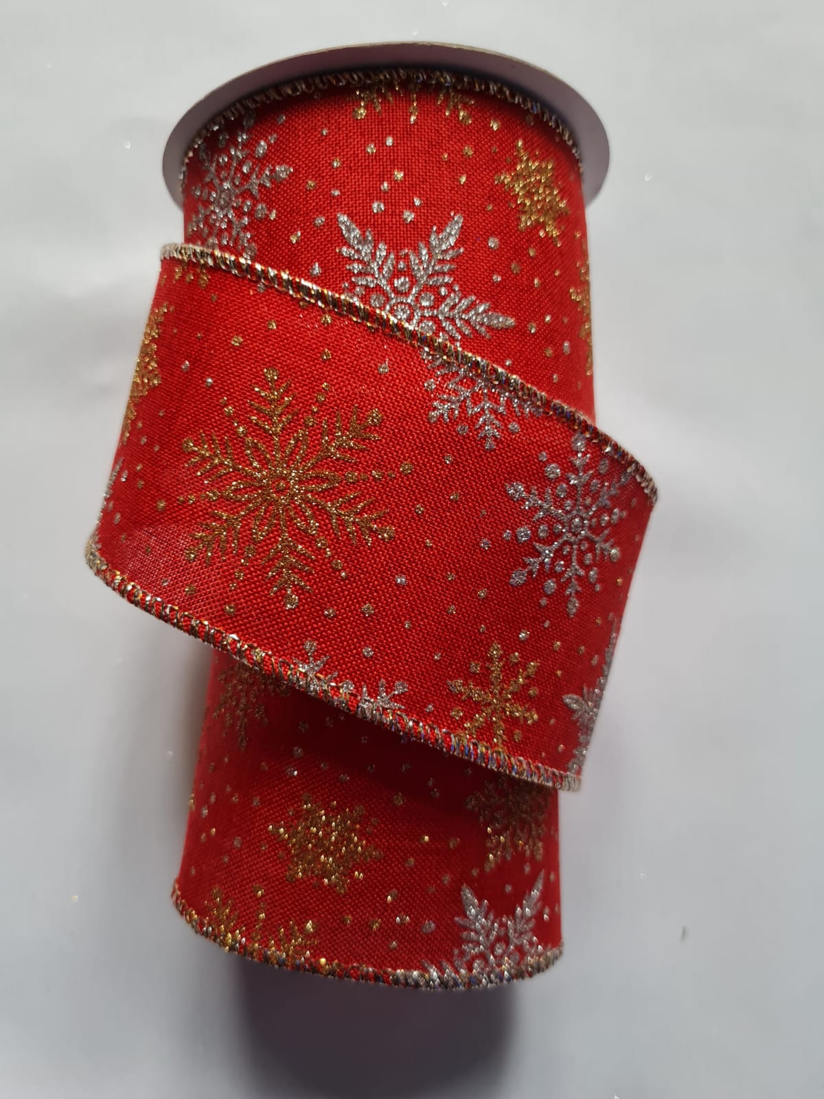 Woven Wired Red Christmas Snowflake Ribbon  2.5" - per metre