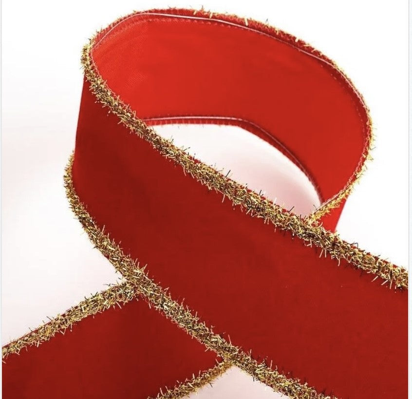 Red Velvet Wired Gold Tinsel Edge Christmas Ribbon 2.5" - £1 per metre