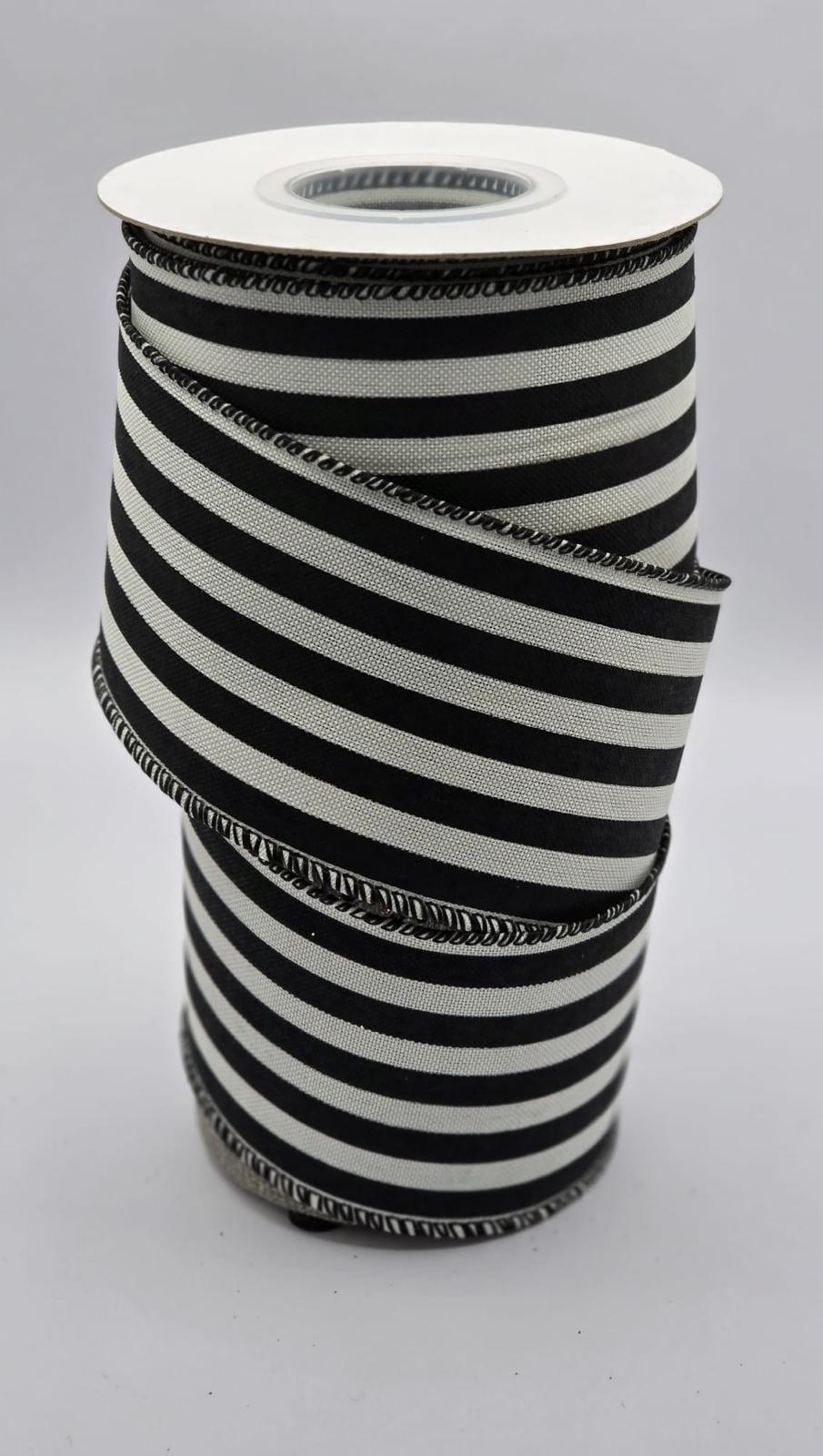 Wired Black and White Striped Ribbon 2.5" - £1 per metre