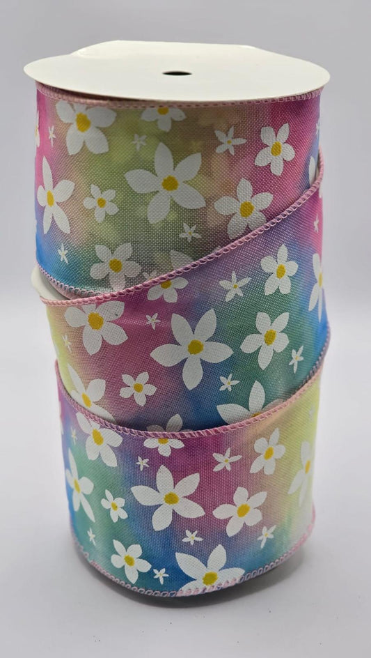 Wired Rainbow Daisy Ribbon 2.5" - £1 per metre