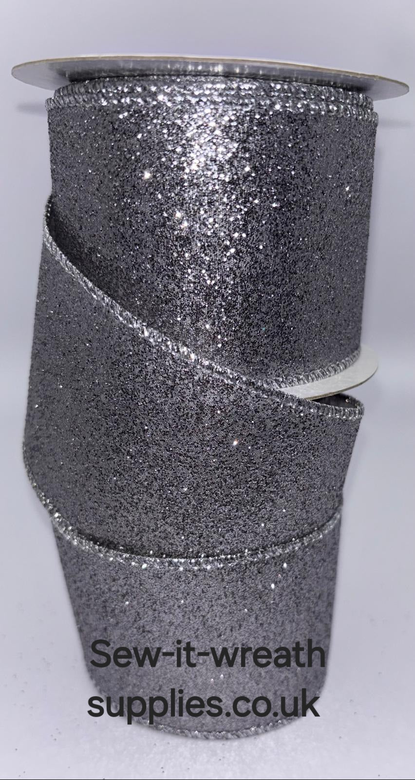 Pewter Sparkly Glitter Wired Christmas Ribbon 2.5" Per Meter