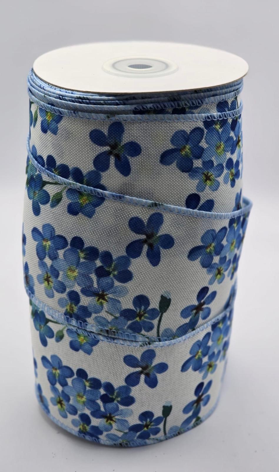 Wired Blue Flower Ribbon 2.5" - £1 per metre