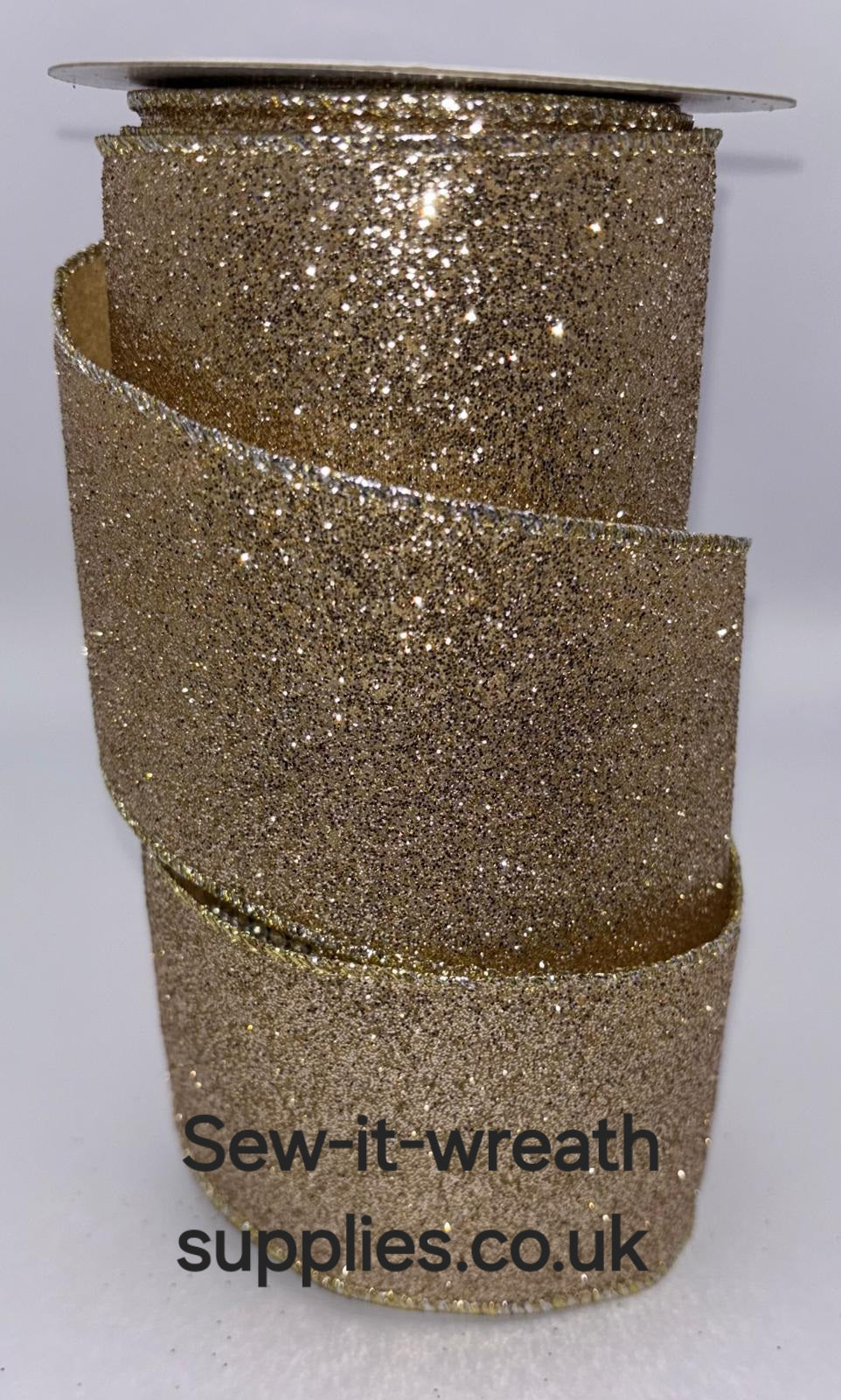 Light Gold Sparkly Glitter Wired Christmas Ribbon 2.5" Per Meter