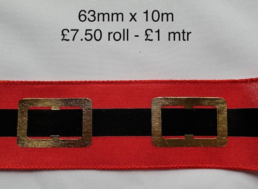 Christmas  Santa Belt Wired Ribbon 2.5" x 10 Yards