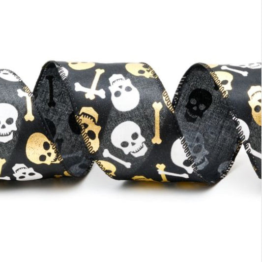 Wired Halloween Skull & Cross Bones  Ribbon 2.5" - £1 per metre