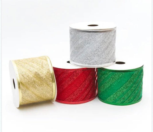 Christmas Organza  Glitter Stripe Wired Ribbon 2.5" - 80p per metre