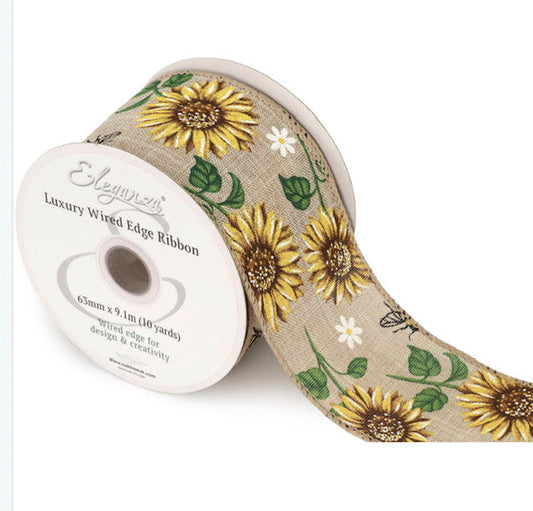 Wired Sunflower Bee Ribbon 2.5" x 9.1 mtrs